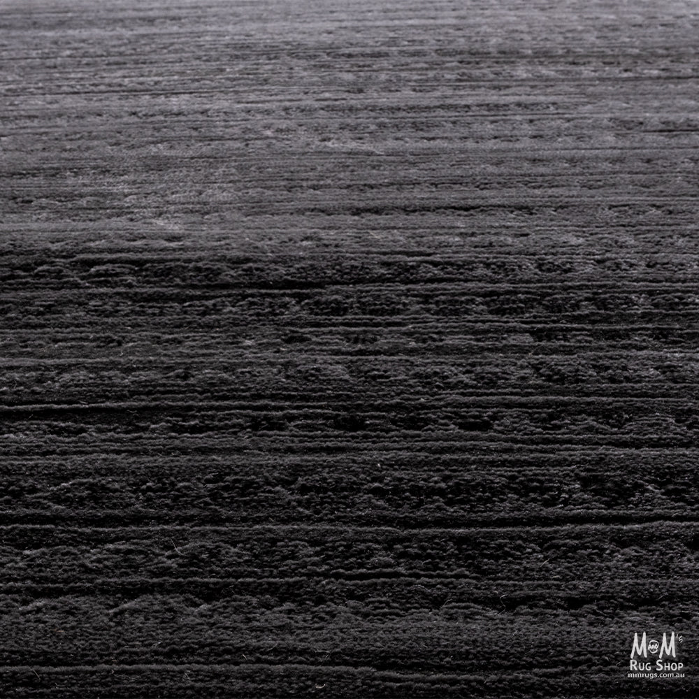 Gray fixed length runner rug made of heat set polypropylene by Turkey, showcasing a textured dark grey design.