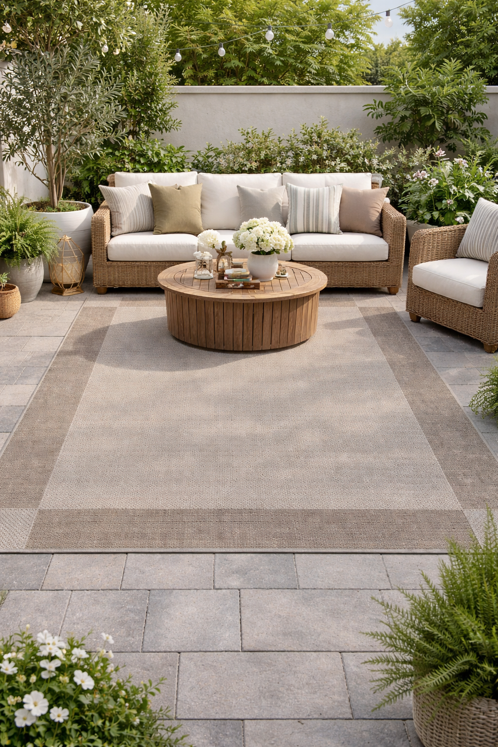 Grey polypropylene Verandah Cream rug by Belgium, showing its textured pattern and plush surface on a neutral background.