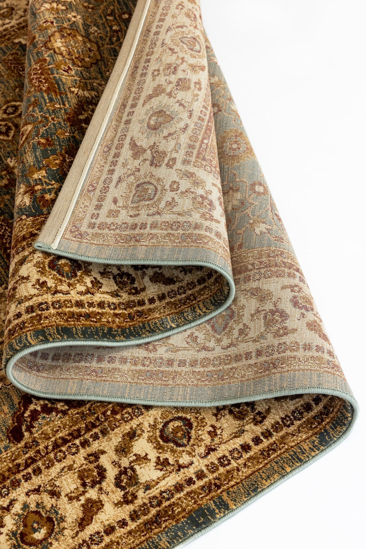 Antique blue Verona heat set polypropylene rug from Turkey, showcasing intricate traditional pattern and rich color details.