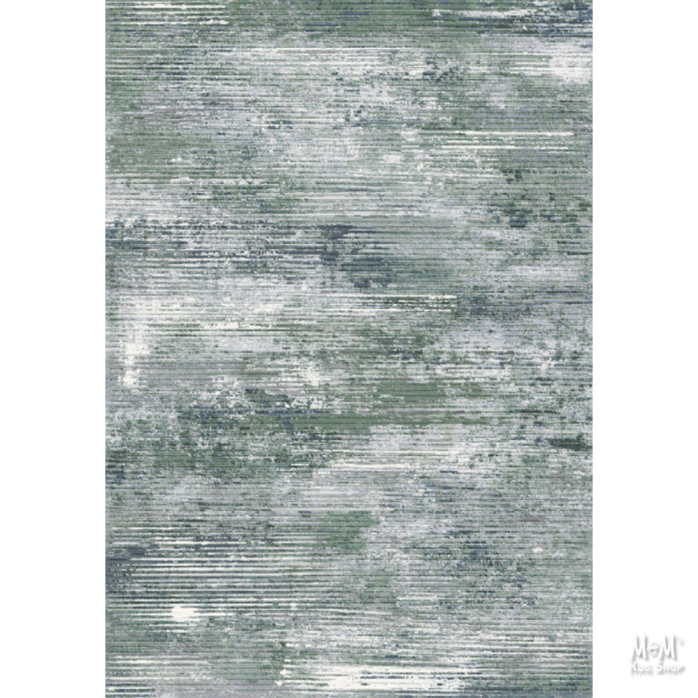 Belgium Franklin Evergreen heat set polypropylene rug with green and beige geometric pattern displayed on a floor.