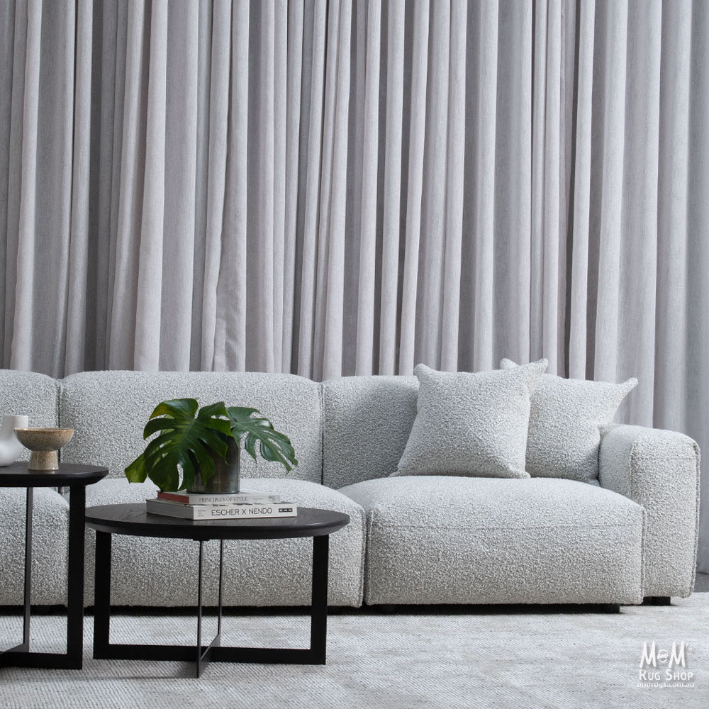India Garcia Oyster wool and viscose rug with intricate pattern and soft texture, showcasing elegant craftsmanship.