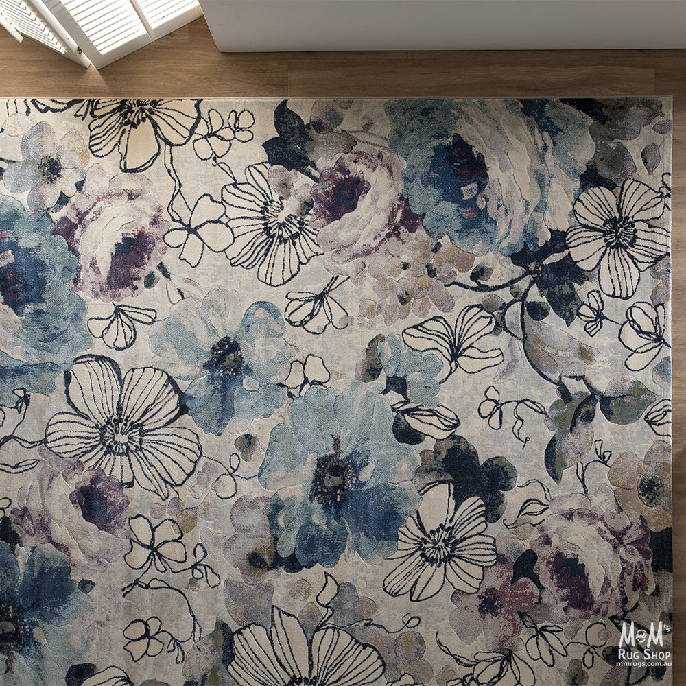 Belgium Kensington Bouquet heat set polypropylene fabric with a floral pattern, showcasing vibrant colors and intricate design details.