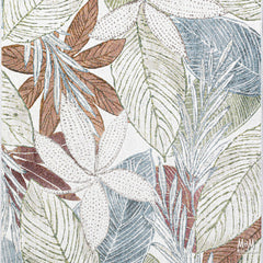 Belgium Kensington Tropic heat set polypropylene fabric roll with vibrant tropical pattern, displayed on a flat surface.
