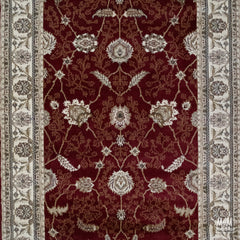 Red Tavernelle traditional heat set polypropylene garden rug with intricate pattern, made by Turkey.