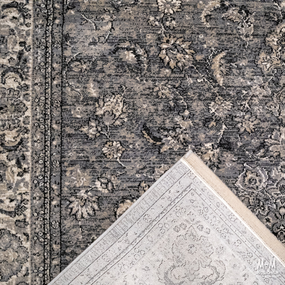 Heat set polypropylene rug in Verona Classic Silver Grey by Turkey, showcasing a textured silver grey design on a soft fabric surface.