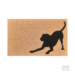 Colorful PVC coir doormat featuring playful dog design by M and M's Rug Shop, available in multiple sizes for pet lovers.