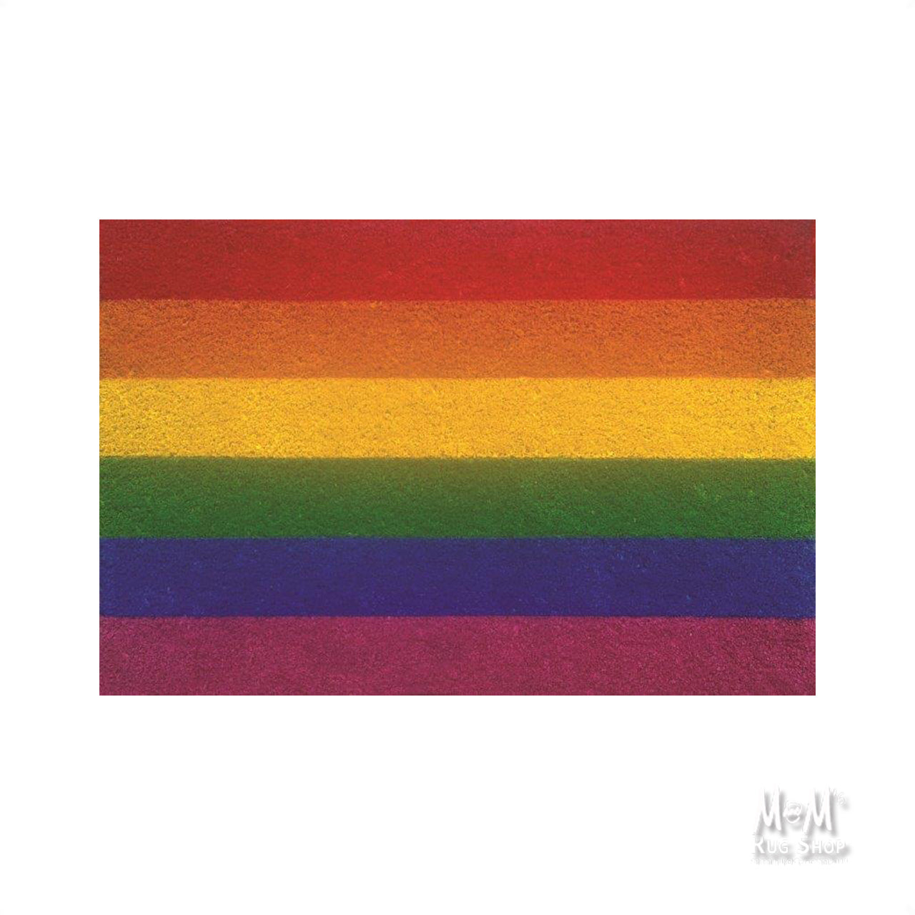 Colorful PVC coir rainbow doormat in various sizes from M and M's Rug Shop, featuring vibrant rainbow design and textured surface.