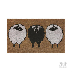 PVC coir doormat with three sheep design from M and M's Rug Shop, available in various sizes, ideal for welcoming entryways.
