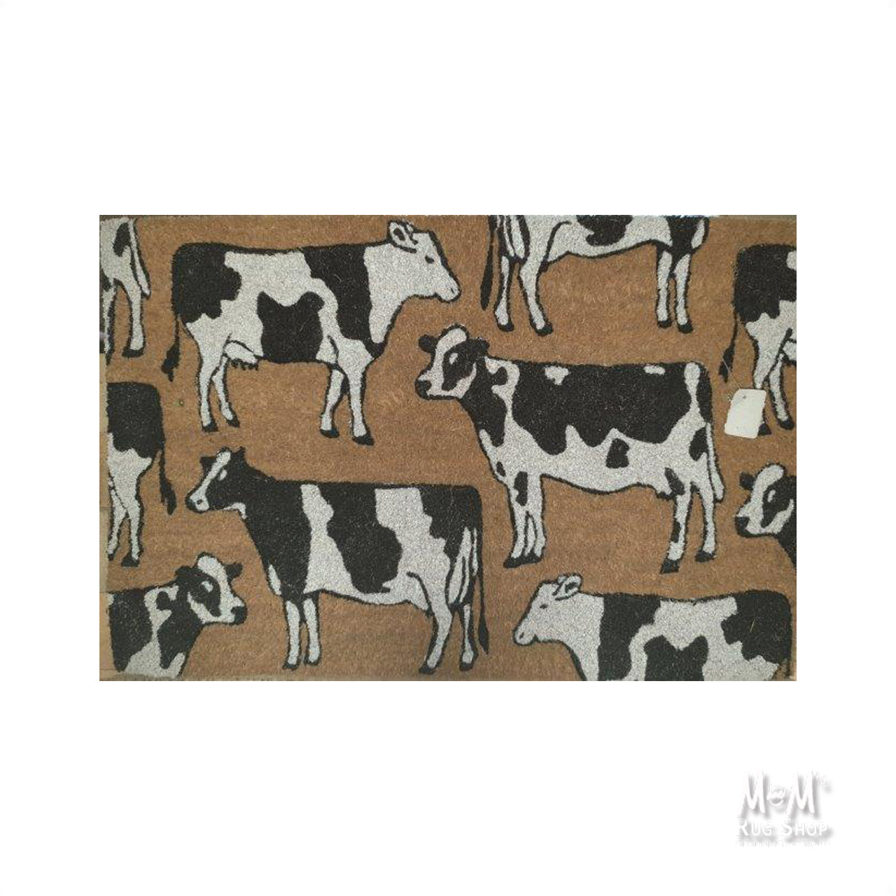 PVC coir doormat featuring dairy cows design, available in various sizes, from M and M's Rug Shop.