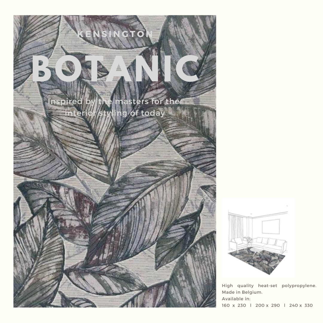 Belgium Kensington Botanic heat set polypropylene rug with floral botanical pattern on a neutral background.