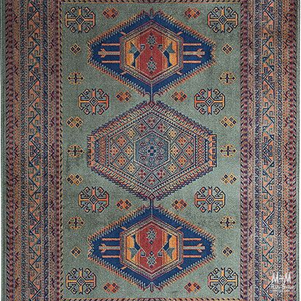 Belgium Chiraz Tribal Green viscose rug with intricate tribal pattern, showcasing vibrant green tones and detailed design.
