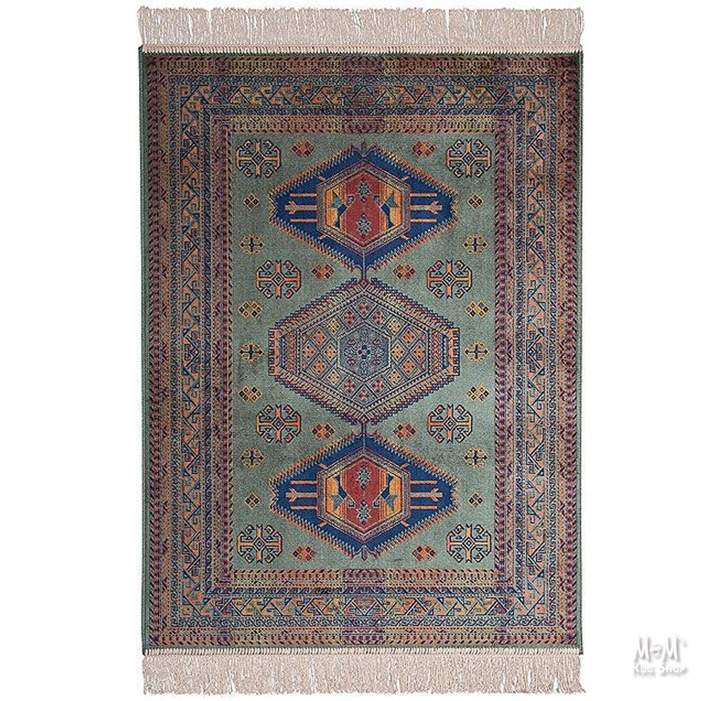 Belgium Chiraz Tribal Green viscose rug with intricate tribal patterns and vibrant green hues, detailed close-up image.