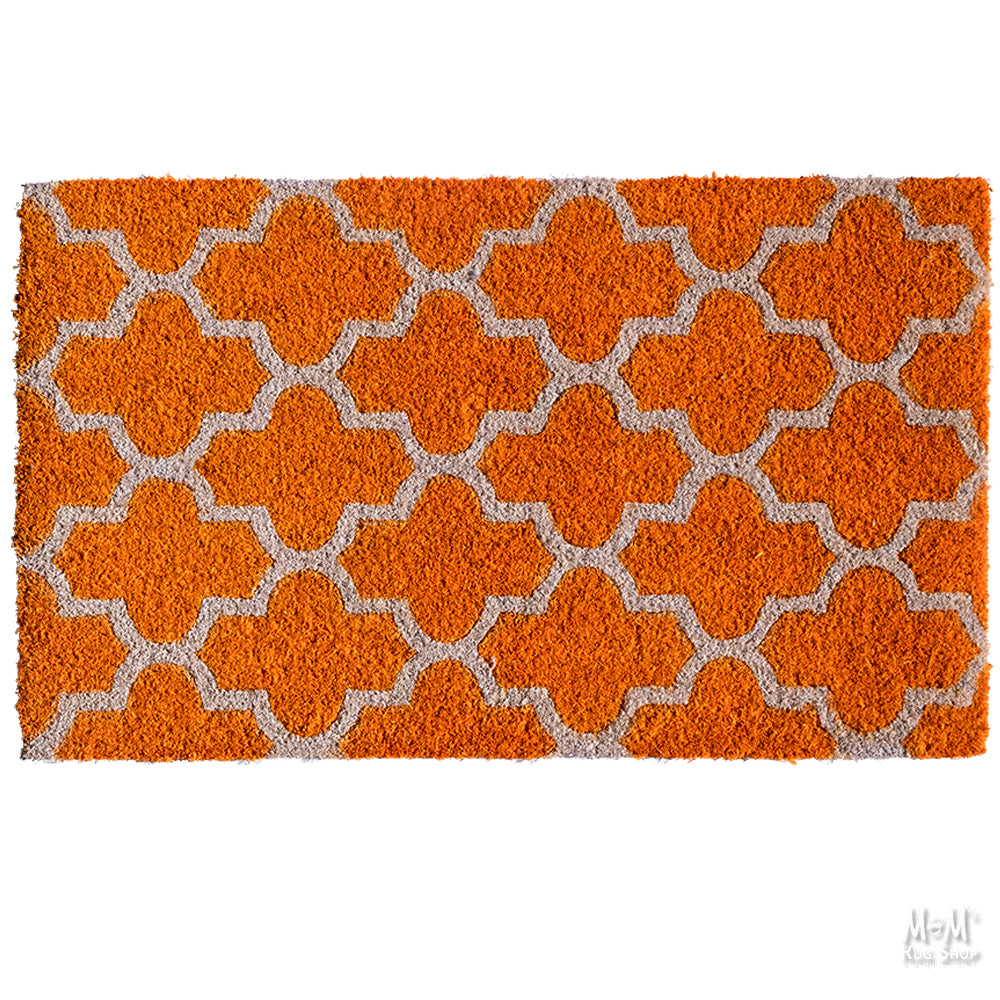 Orange tile PVC coir doormat from M and M's Rug Shop, showing textured surface and vibrant color ideal for entryways.