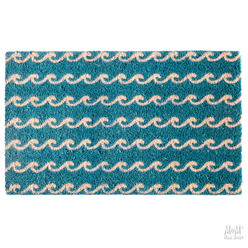 Blue waves patterned PVC coir doormat in various sizes from M and M's Rug Shop, showing textured surface and vibrant design.
