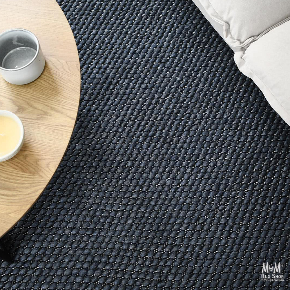 India Palmas Midnight Blue pure wool rug with intricate pattern, showcasing deep blue color and soft texture.