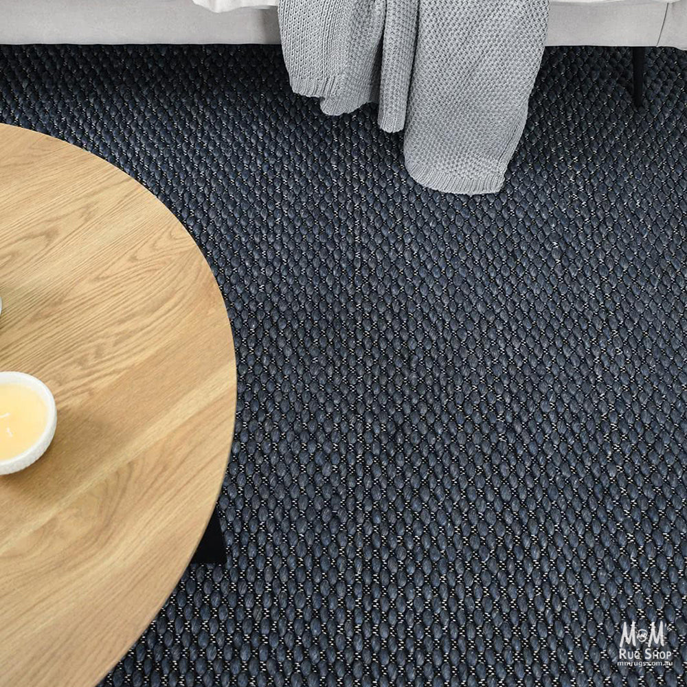 India Palmas Midnight Blue Pure Wool Rug with intricate patterns and rich blue color, showcasing a luxurious woven design.