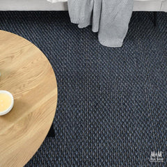 India Palmas Midnight Blue Pure Wool Rug with intricate patterns and rich blue color, showcasing a luxurious woven design.