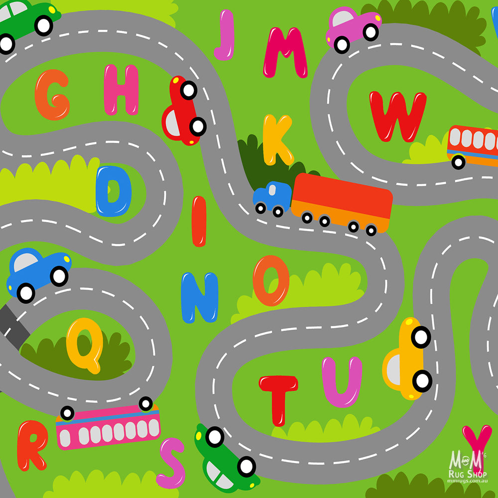 Colorful Play Pads Road Alphabet rug made of printed polyester on foam, featuring a fun road and alphabet design for children.