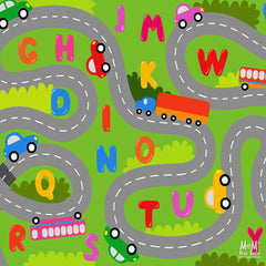 Colorful Play Pads Road Alphabet rug made of printed polyester on foam, featuring a fun road and alphabet design for children.