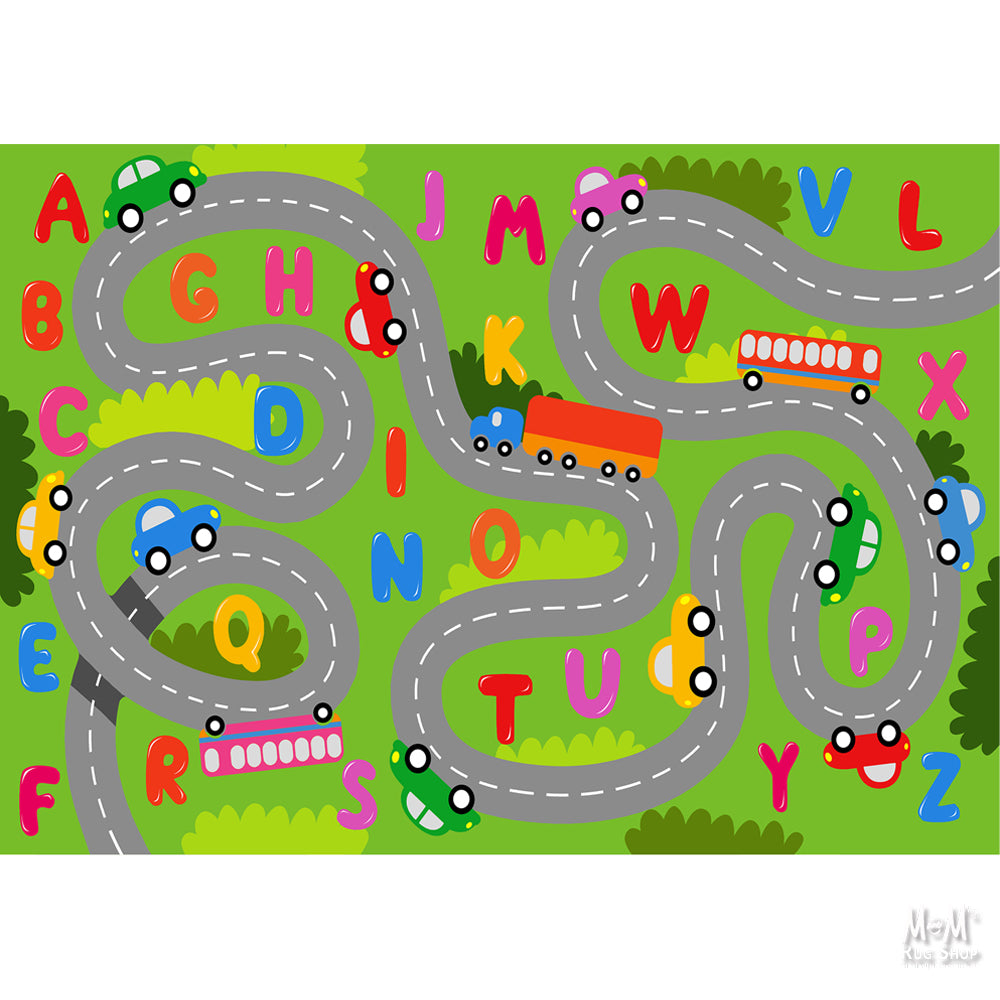 Colorful Play Pads Road Alphabet rug made of printed polyester on foam, featuring educational road and alphabet designs for kids.