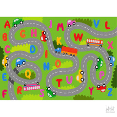 Colorful Play Pads Road Alphabet rug made of printed polyester on foam, featuring educational road and alphabet designs for kids.