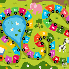 Printed polyester jungle train play pads on foam, featuring colorful jungle train design for children's play area.