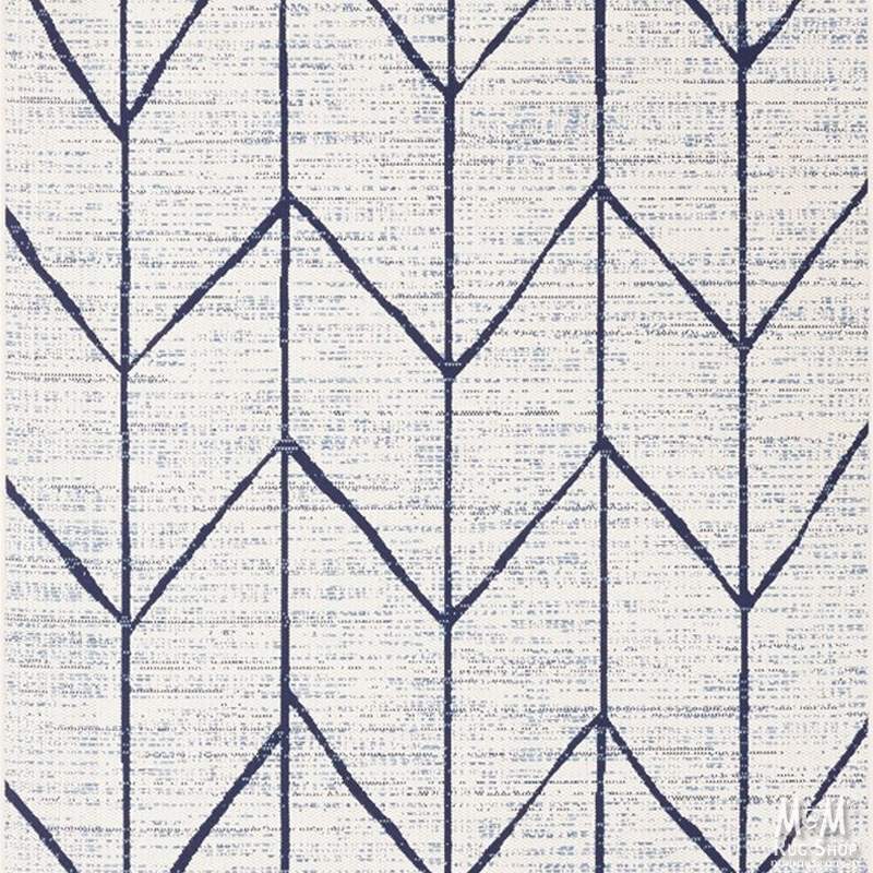 Navy polypropylene Prisma Arrow rug by Belgium with geometric arrow pattern, soft texture, and durable woven design.