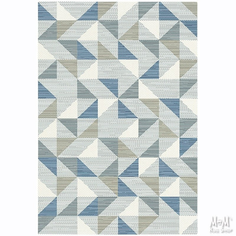 Blue polypropylene Prisma Triangles rug with geometric triangle pattern, crafted by Belgium, featuring a vibrant modern design.