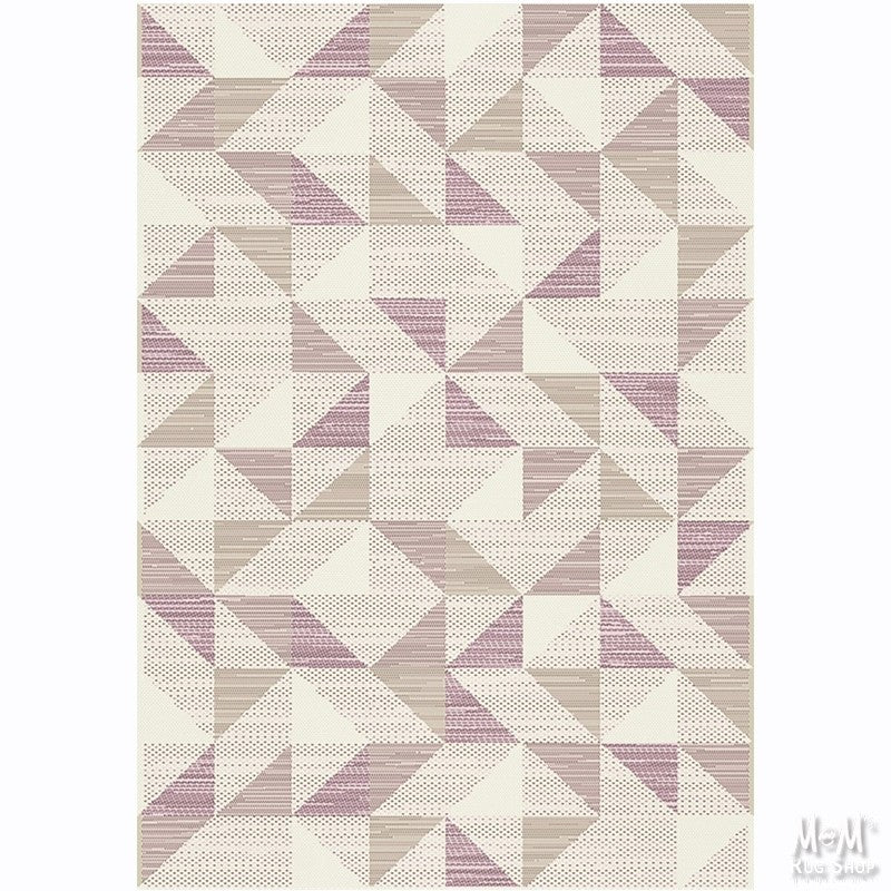 Pink polypropylene Prisma Triangles rug with geometric triangle pattern, crafted by Belgium, showcasing vibrant design and soft texture.