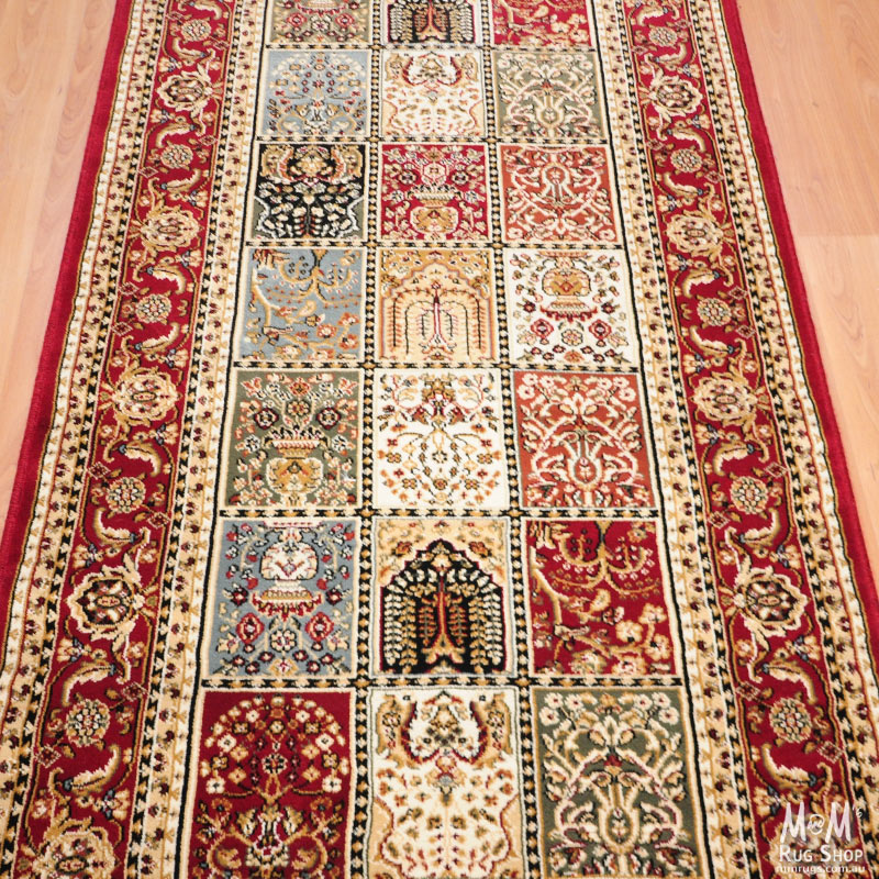 Red Verona Panel Runner made of heat set polypropylene, 80 cm wide, Turkish-made fabric for stylish hallway or table decor.